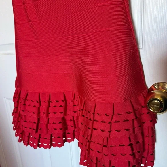 Herve Leger Vibrant Red Bandage Dress with Scalloped Neckline NWT